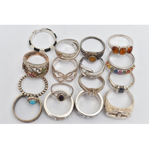 88 - ASSORTED WHITE METAL RINGS, sixteen in total, various designs, some set with semi-precious stones et... 