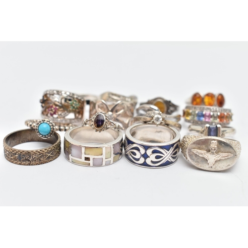 88 - ASSORTED WHITE METAL RINGS, sixteen in total, various designs, some set with semi-precious stones et... 