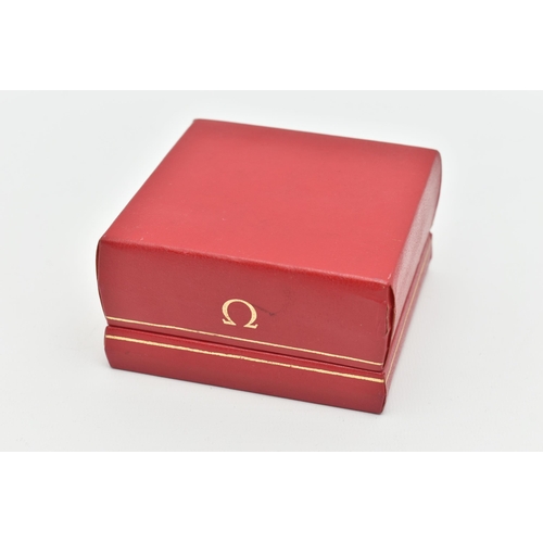 91 - AN OMEGA RED WATCH BOX, square red box, black sticker to the base reads 'Supplied by Franks Jeweller... 