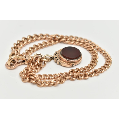 98 - AN EARLY 20TH CENTURY 9CT YELLOW GOLD ALBERT CHAIN AND HARD STONE SWIVEL FOB, the graduating solid c... 