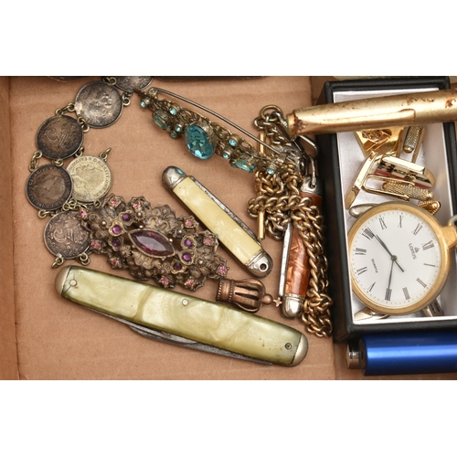 141 - A BOX OF ASSORTED ITEMS, to include an assortment of medals, a 'Stratton' compact, a 'Mosda' lighter... 