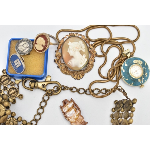 142 - A SMALL BOX OF ITEMS, to include a base metal belt, a shell cameo brooch, a 'Medana' fob watch with ... 