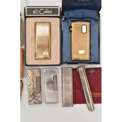 143 - A BOX OF ASSORTED LIGHTERS AND OTHER SMOKING MATERIALS, to include a cased gold plated 'Ronson' ligh... 