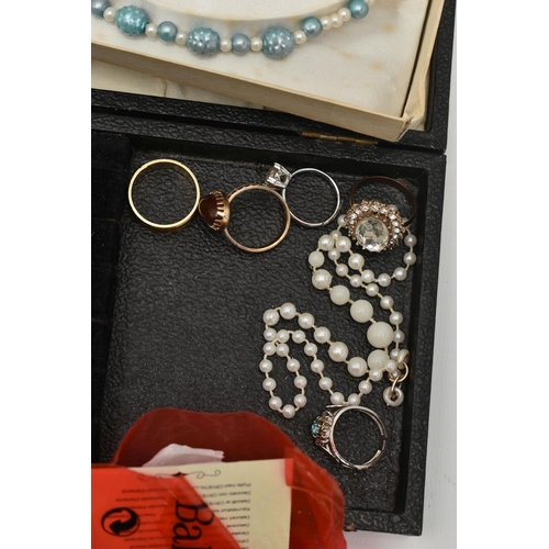 144 - A SELECTION OF COSTUME JEWELLERY, to include an early 20th century yellow metal Mizpah brooch, AF, t... 