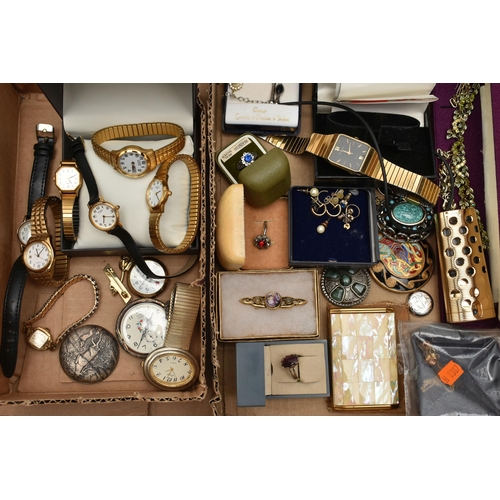 146 - A BOX OF ASSORTED COSTUME JEWELLERY AND WRISTWATCHES, to include a pair of tri colour knot stud earr... 