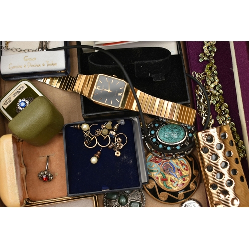 146 - A BOX OF ASSORTED COSTUME JEWELLERY AND WRISTWATCHES, to include a pair of tri colour knot stud earr... 