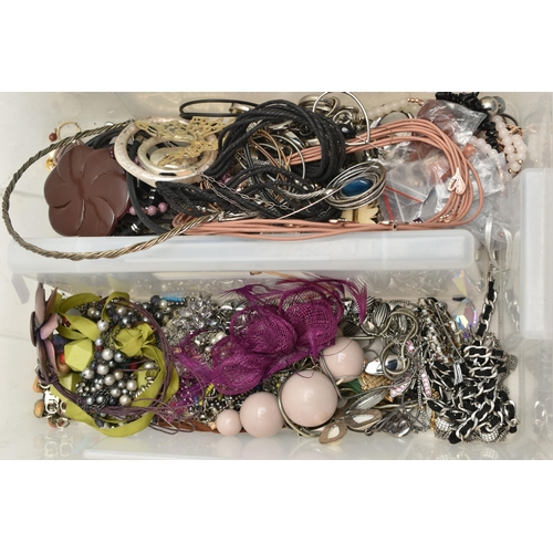 149 - TWO PLASTIC STORAGE TRAYS WITH COSTUME JEWELLERY, to include an 'Armani Exchange' stainless steel, c... 