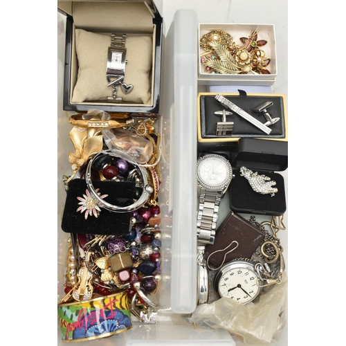 149 - TWO PLASTIC STORAGE TRAYS WITH COSTUME JEWELLERY, to include an 'Armani Exchange' stainless steel, c... 