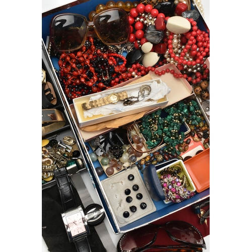 151 - A BOX OF COSTUME JEWELLERY AND WATCHES, to include beaded necklaces, imitation pearls, earrings, bro... 