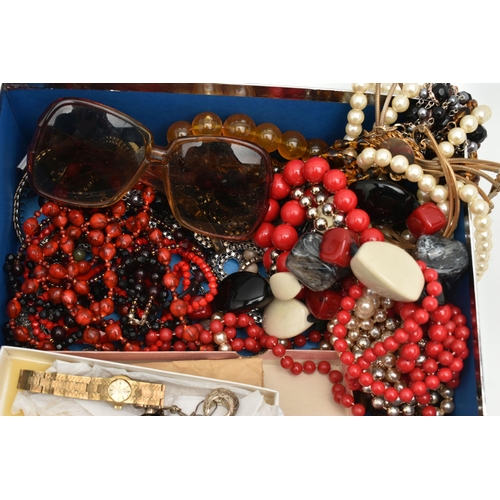 151 - A BOX OF COSTUME JEWELLERY AND WATCHES, to include beaded necklaces, imitation pearls, earrings, bro... 