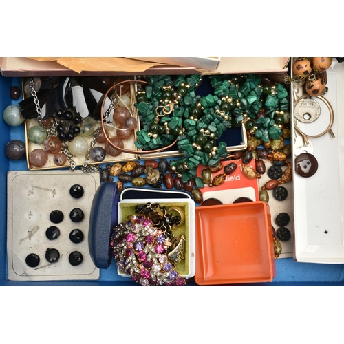 151 - A BOX OF COSTUME JEWELLERY AND WATCHES, to include beaded necklaces, imitation pearls, earrings, bro... 