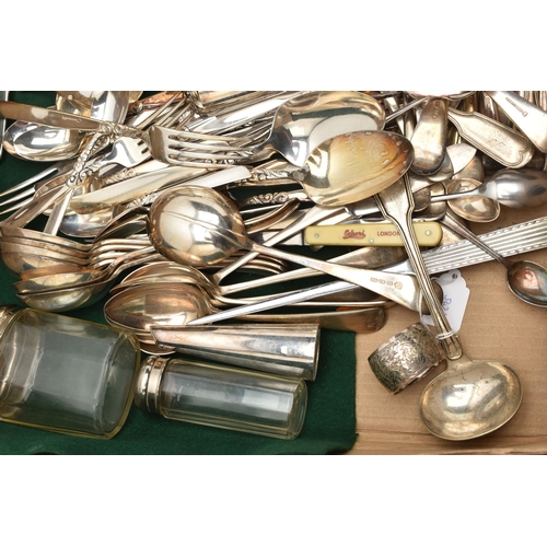 152 - A BOX OF ASSORTED SILVER PLATED AND STAINLESS STEEL CUTLERY, some 19th century pieces, pattern inclu... 