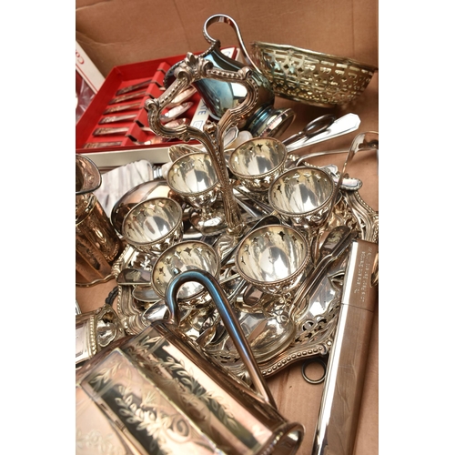 154 - A BOX OF ASSORTED WHITE METAL WARE, to include a silver plate sugar bowl, milk jug and creamer, a to... 