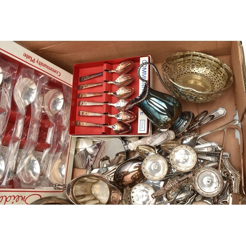 154 - A BOX OF ASSORTED WHITE METAL WARE, to include a silver plate sugar bowl, milk jug and creamer, a to... 