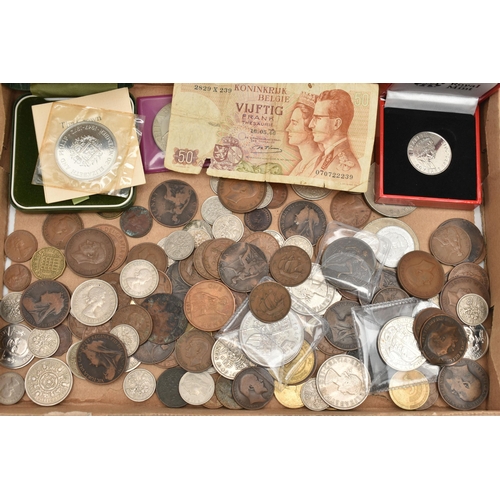 156 - A SMALL CARDBOARD TRAY OF MOSTLY UK COINS, to Include an 1818 George III Half Crown, a high grade Ge... 