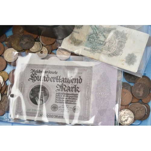 160 - A PLASTIC BOX OF MIXED WORLD COINS, to include over 400 grams of mixed silver coins, two Birmingham ... 