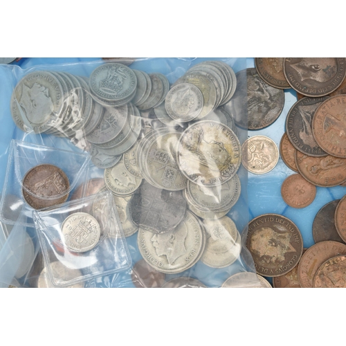 160 - A PLASTIC BOX OF MIXED WORLD COINS, to include over 400 grams of mixed silver coins, two Birmingham ... 