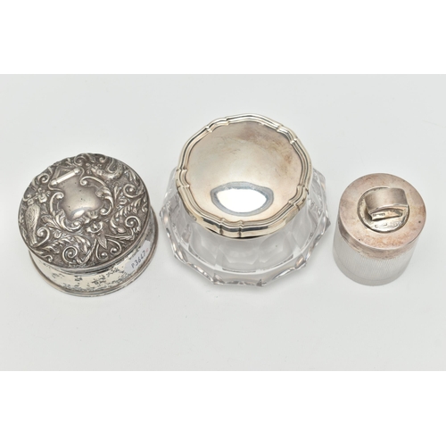 165 - A SMALL ASSORTMENT OF SILVER, to include a silver lidded glass perfume bottle, hallmarked 'Cornelius... 