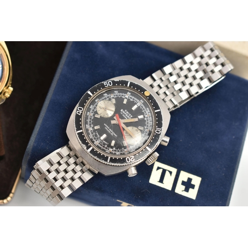 166 - TWO GENTS WRISTWATCHES, the first a circa 1970s hand wound movement, round black chronograph dial si... 