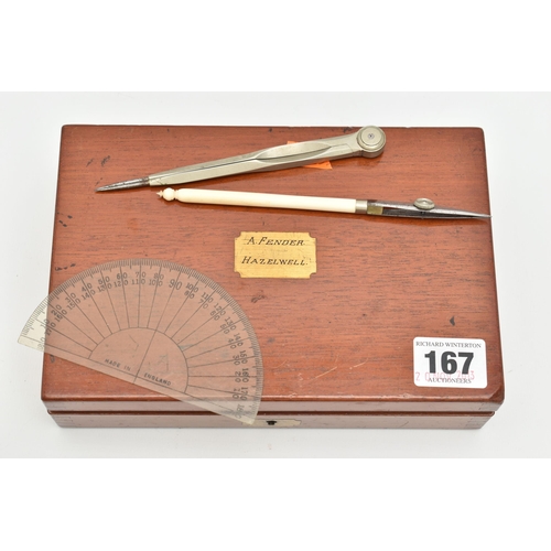 167 - A BOXED TECHNICAL DRAWING SET, with geometric drawing instruments, a folding wooden and brass ruler,... 