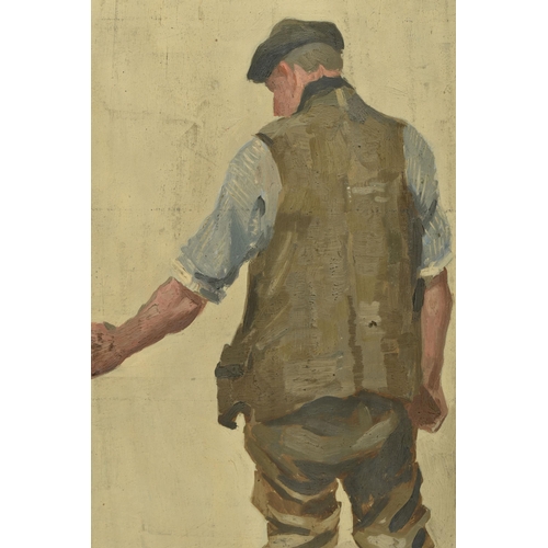 327 - CIRCLE OF JAMES KERR LAWSON, STUDY OF A WORKING MAN, unsigned oil on board, approximate size 33cm x ... 