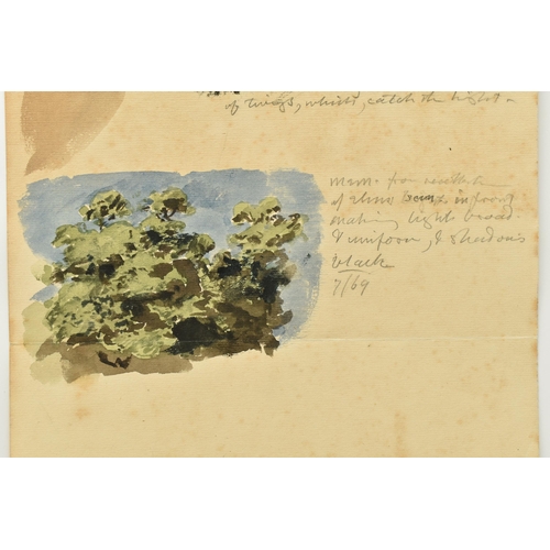 331 - CIRCLE OF JOHN LINNELL AN UNSIGNED STUDY OF FOLIAGE WITH NOTES, two watercolour studies on the same ... 