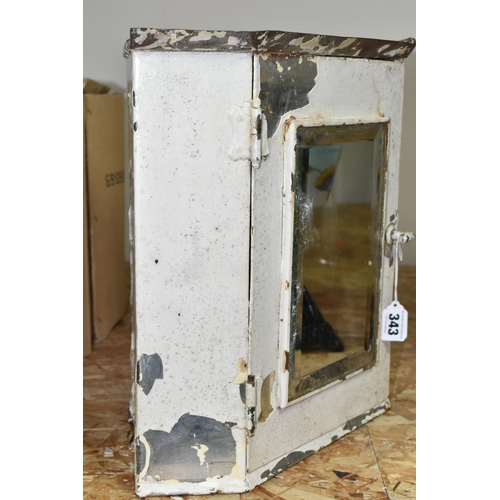 343 - A VINTAGE MID-CENTURY METAL BATHROOM CABINET, a corner cabinet with one glass shelf, hinged door wit... 