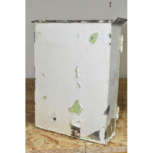 343 - A VINTAGE MID-CENTURY METAL BATHROOM CABINET, a corner cabinet with one glass shelf, hinged door wit... 