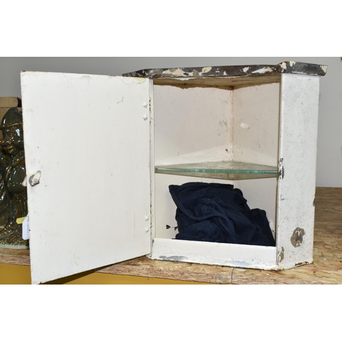 343 - A VINTAGE MID-CENTURY METAL BATHROOM CABINET, a corner cabinet with one glass shelf, hinged door wit... 