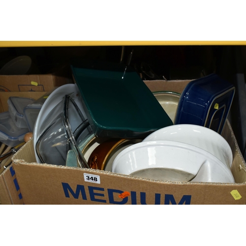 348 - FIVE BOXES OF KITCHENWARE, comprising a quantity of Hugh Foulerton cutlery, assorted kitchen utensil... 