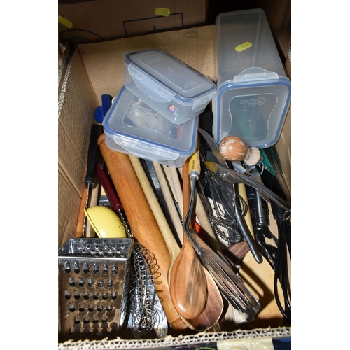 348 - FIVE BOXES OF KITCHENWARE, comprising a quantity of Hugh Foulerton cutlery, assorted kitchen utensil... 