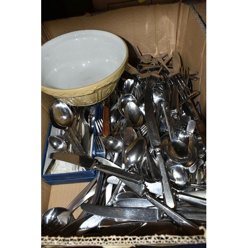 348 - FIVE BOXES OF KITCHENWARE, comprising a quantity of Hugh Foulerton cutlery, assorted kitchen utensil... 