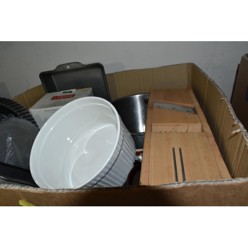 348 - FIVE BOXES OF KITCHENWARE, comprising a quantity of Hugh Foulerton cutlery, assorted kitchen utensil... 