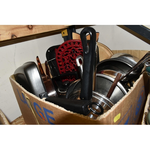 348 - FIVE BOXES OF KITCHENWARE, comprising a quantity of Hugh Foulerton cutlery, assorted kitchen utensil... 