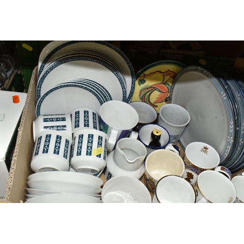 349 - THREE BOXES OF CERAMICS AND GLASSWARE, comprising  Royal Doulton 'Moonstone' pattern tea and dinnerw... 