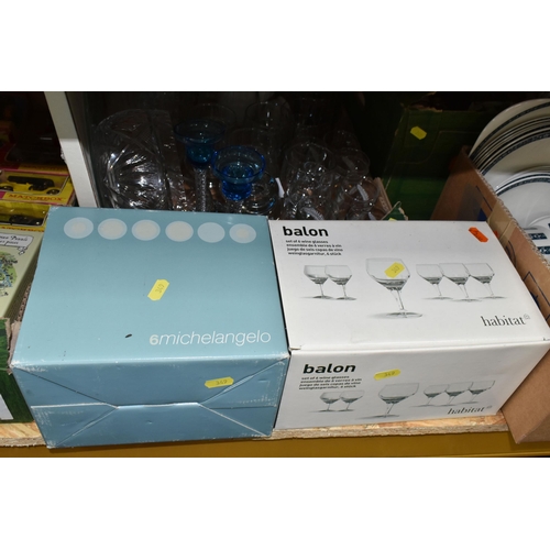 349 - THREE BOXES OF CERAMICS AND GLASSWARE, comprising  Royal Doulton 'Moonstone' pattern tea and dinnerw... 