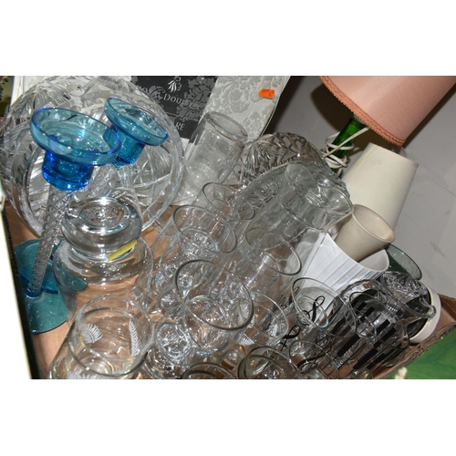 349 - THREE BOXES OF CERAMICS AND GLASSWARE, comprising  Royal Doulton 'Moonstone' pattern tea and dinnerw... 