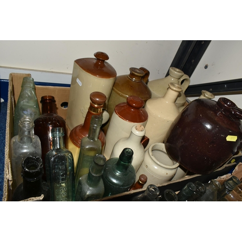 351 - TWO BOXES OF EARLY 20TH CENTURY COLOURED GLASS BOTTLES AND STONEWARE JARS, to include a brown salt g... 