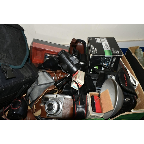 352 - TWO BOXES OF VINTAGE CAMERAS AND EQUIPMENT, to include an Ilford Sporti camera, Halina Paulette Elec... 