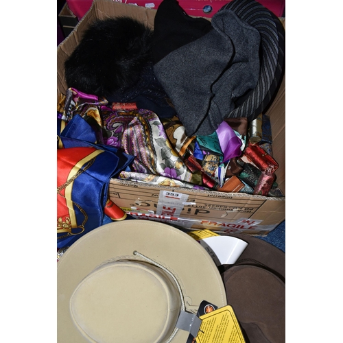 353 - THREE BOXES OF HATS, SCARVES AND ACCESSORIES, many unused in packaging, over fifty ladies scarves, h... 