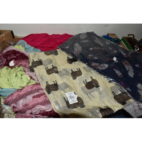 353 - THREE BOXES OF HATS, SCARVES AND ACCESSORIES, many unused in packaging, over fifty ladies scarves, h... 