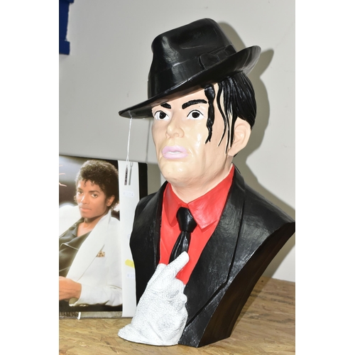 357 - A MICHAEL JACKSON BUST, THRILLER LP AND DVD, the hollow resin bust of the singer wearing his iconic ... 