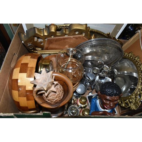 365 - THREE BOXES AND LOOSE PICTURES, METALWARES, LIGHT FITTINGS, DOLLS AND SUNDRY ITEMS, to include sixte... 