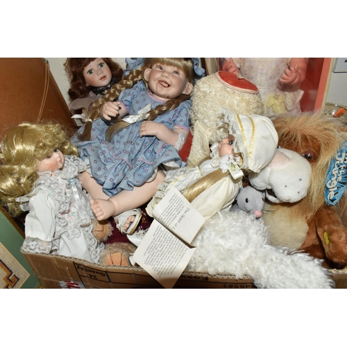 365 - THREE BOXES AND LOOSE PICTURES, METALWARES, LIGHT FITTINGS, DOLLS AND SUNDRY ITEMS, to include sixte... 