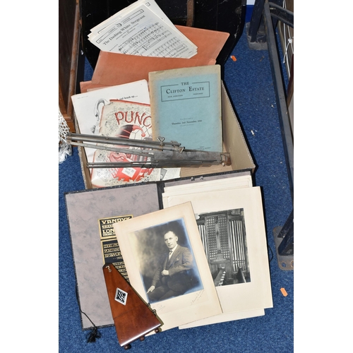 367 - ONE BOX OF MUSIC, PHOTOS AND EPHEMERA, to include a Maelzel metronome made in Germany, two folding m... 