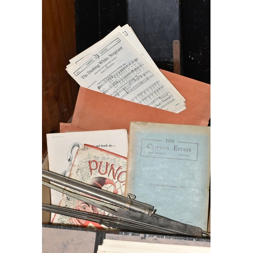 367 - ONE BOX OF MUSIC, PHOTOS AND EPHEMERA, to include a Maelzel metronome made in Germany, two folding m... 