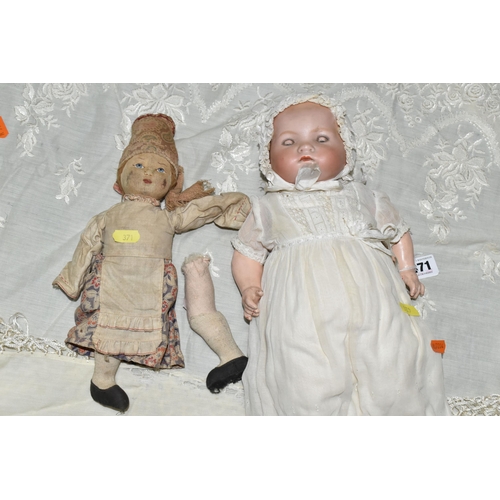 371 - AN ARMAND MARSEILLE BISQUE HEAD DOLL, nape of neck marked 'A.M. Germany 341./372.K, sleeping blue gl... 