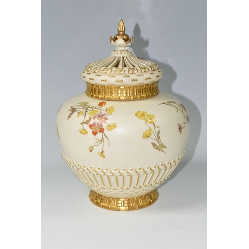 375 - A ROYAL WORCESTER BLUSH IVORY POT POURRI VASE, with crown cover, hand painted with wild flowers, puc... 