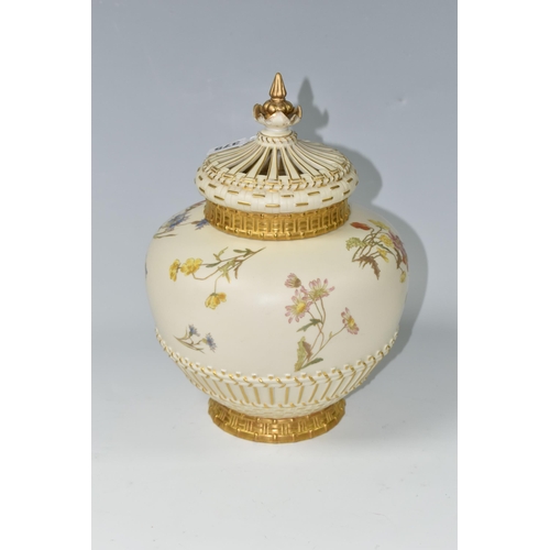 375 - A ROYAL WORCESTER BLUSH IVORY POT POURRI VASE, with crown cover, hand painted with wild flowers, puc... 