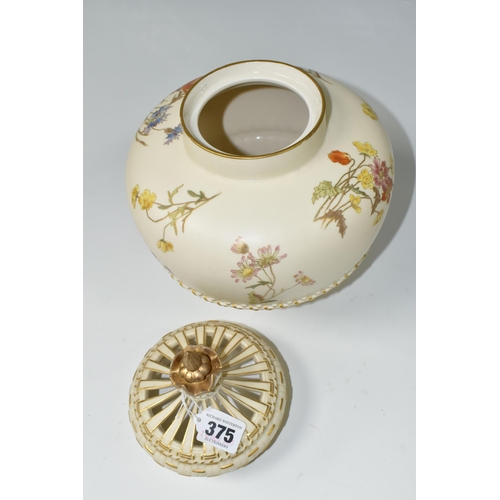 375 - A ROYAL WORCESTER BLUSH IVORY POT POURRI VASE, with crown cover, hand painted with wild flowers, puc... 